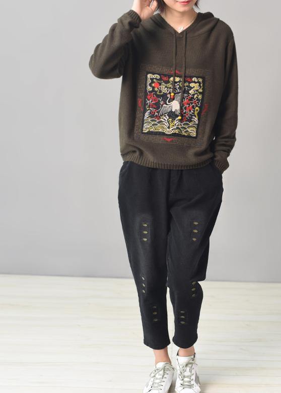 Cute army green knitted outwear plus size hooded knitted coat autumn - SooLinen