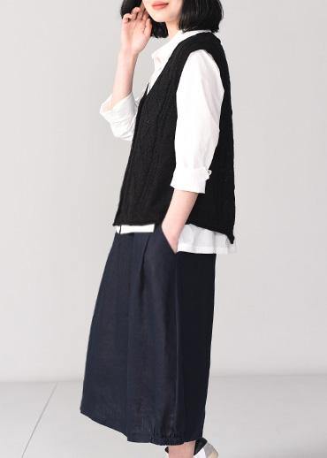 Cute back open knit cardigans oversized sleeveless v neck knit outwear black - SooLinen