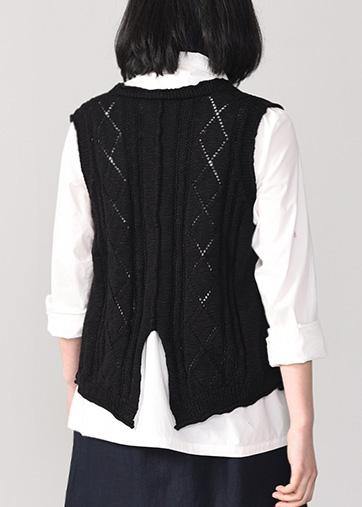 Cute back open knit cardigans oversized sleeveless v neck knit outwear black - SooLinen