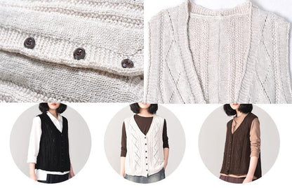 Cute back open knit cardigans oversized sleeveless v neck knit outwear black - SooLinen