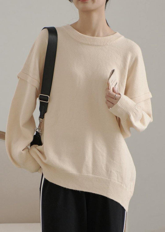 Cute beige crane tops o neck Cinched plus size sweaters - SooLinen