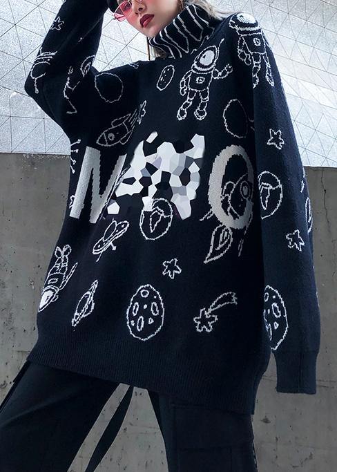 Cute black Cartoon print knitted t shirt casual high neck knit sweat tops - SooLinen