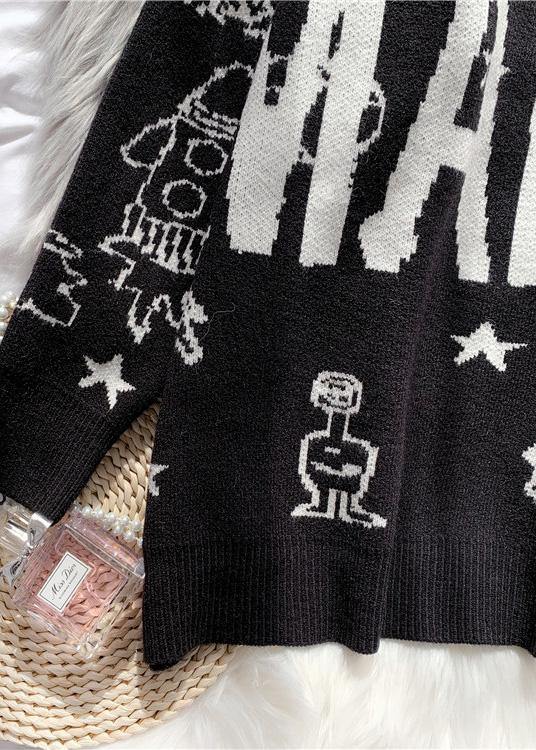 Cute black Sweater Blouse high neck oversized alphabet print knitted blouse - SooLinen