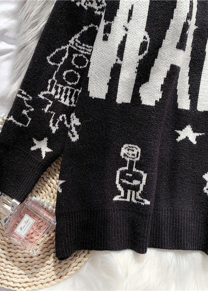 Cute black Sweater Blouse high neck oversized alphabet print knitted blouse - SooLinen