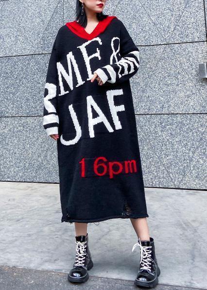 Cute black Sweater dress outfit Upcycle alphabet Fuzzy hooded sweater dress - SooLinen