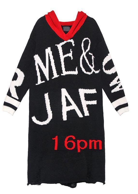 Cute black Sweater dress outfit Upcycle alphabet Fuzzy hooded sweater dress - SooLinen