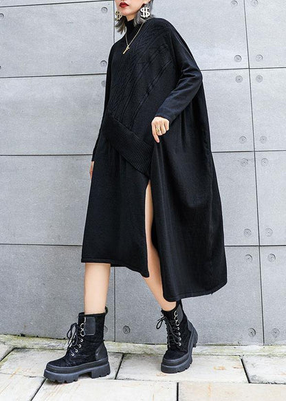 Cute black Sweater dress outfit plus size side open asymmetric oversized fall knit top - SooLinen