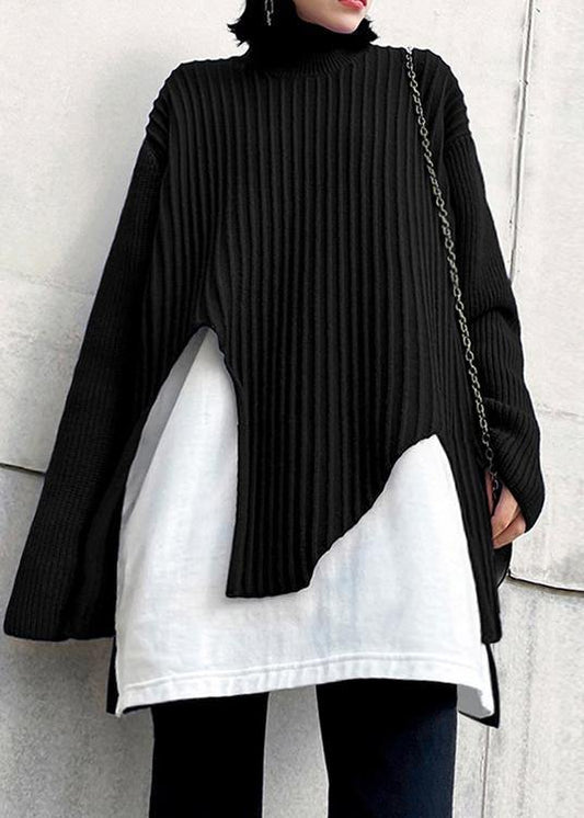 Cute black knit tops o neck false two pieces oversize knitted blouse - SooLinen