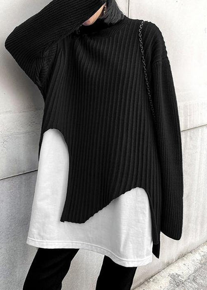 Cute black knit tops o neck false two pieces oversize knitted blouse - SooLinen