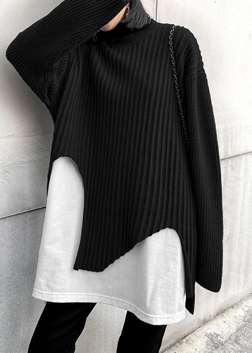 Cute black knit tops o neck false two pieces oversize knitted blouse - SooLinen