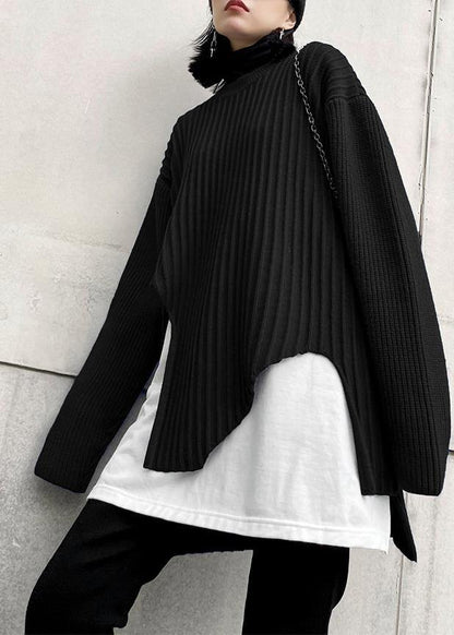 Cute black knit tops o neck false two pieces oversize knitted blouse - SooLinen