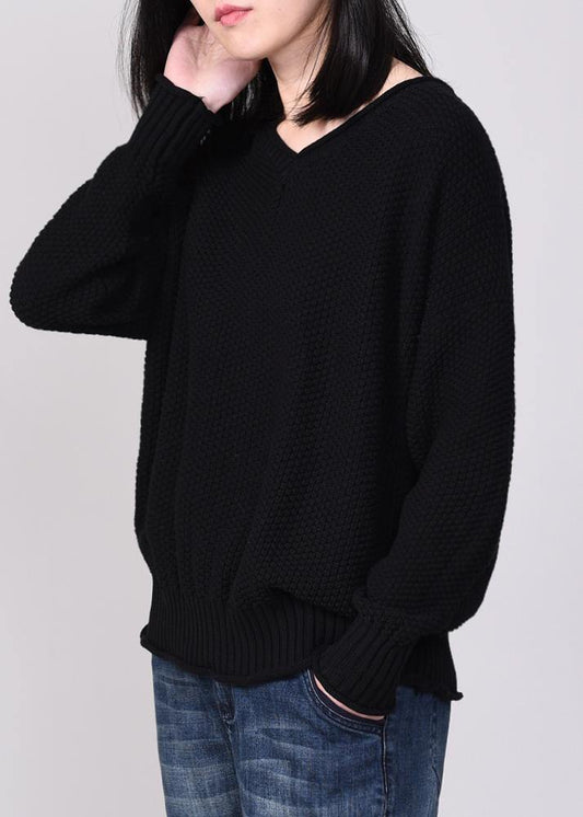 Cute black knit tops plus size autumn sweater v neck - SooLinen