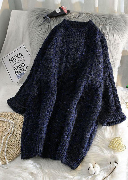 Cute blue Sweater outfits Street Style thick o neck baggy knit dresses - SooLinen