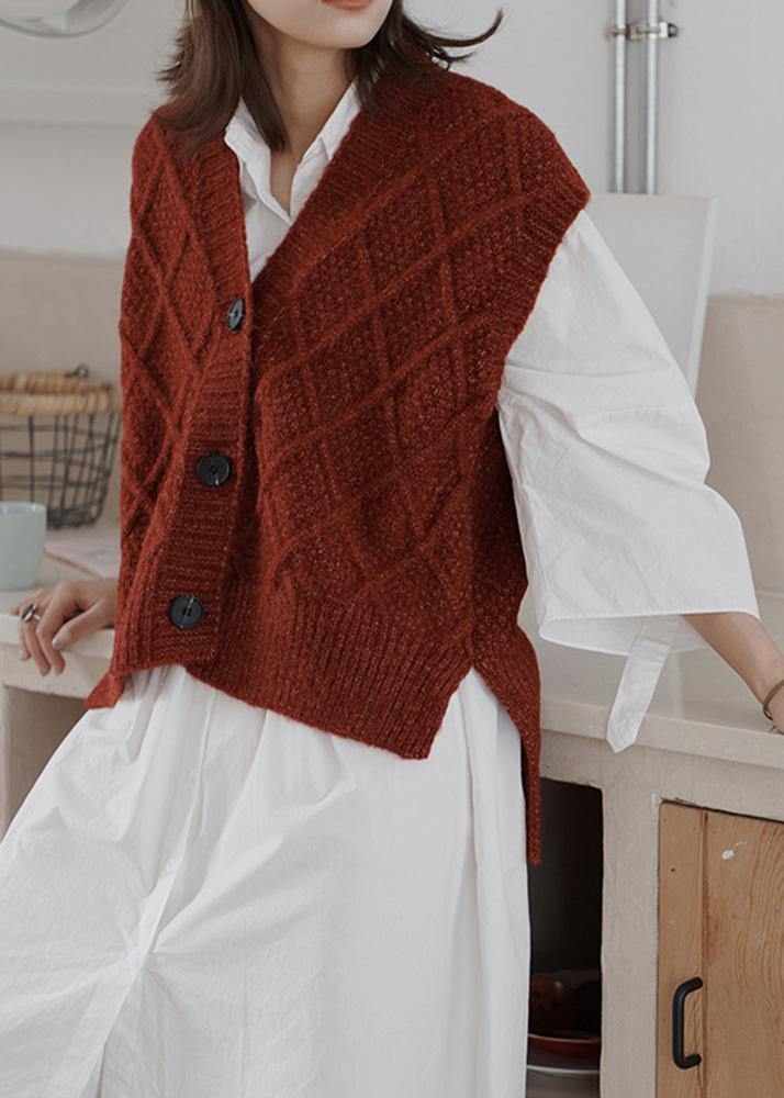 Cute burgundy sweater tops Loose fitting sleeveless knitwear v neck - SooLinen
