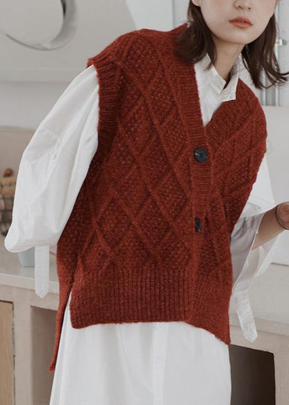 Cute burgundy sweater tops Loose fitting sleeveless knitwear v neck - SooLinen