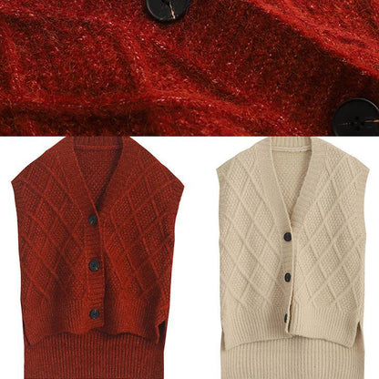 Cute burgundy sweater tops Loose fitting sleeveless knitwear v neck - SooLinen