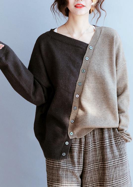 Cute fall chocolate knitted blouse fashion v neck patchwork sweater tops - SooLinen