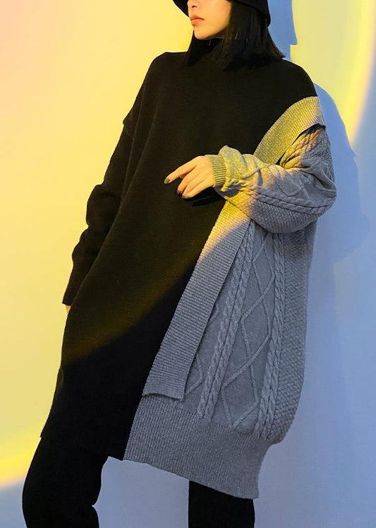 Cute gray clothes For Women high neck patchwork trendy plus size knitwear - SooLinen