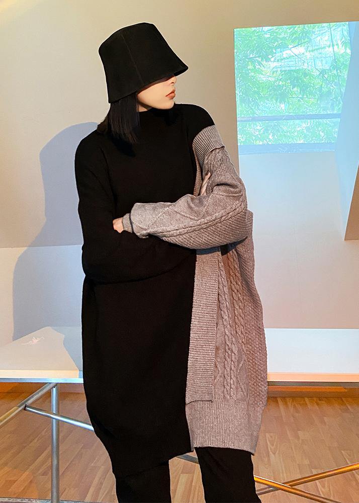 Cute gray clothes For Women high neck patchwork trendy plus size knitwear - SooLinen