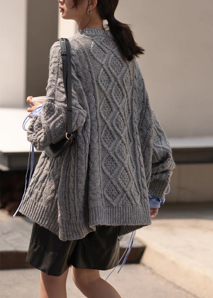 Cute gray knitted blouse casual o neck patchwork clothes For Women - SooLinen