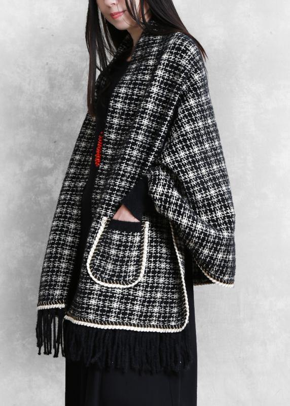 Cute knitwear trendy plus size black Batwing Sleeve Tassel knit coats - SooLinen