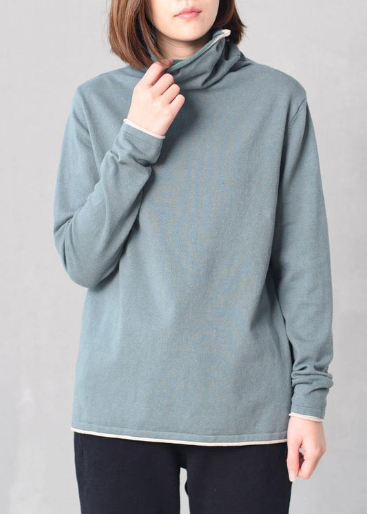 Cute long sleeve knit tops plus size high neck sweater blue - SooLinen