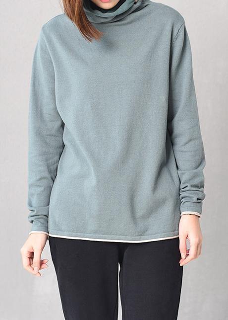 Cute long sleeve knit tops plus size high neck sweater blue - SooLinen