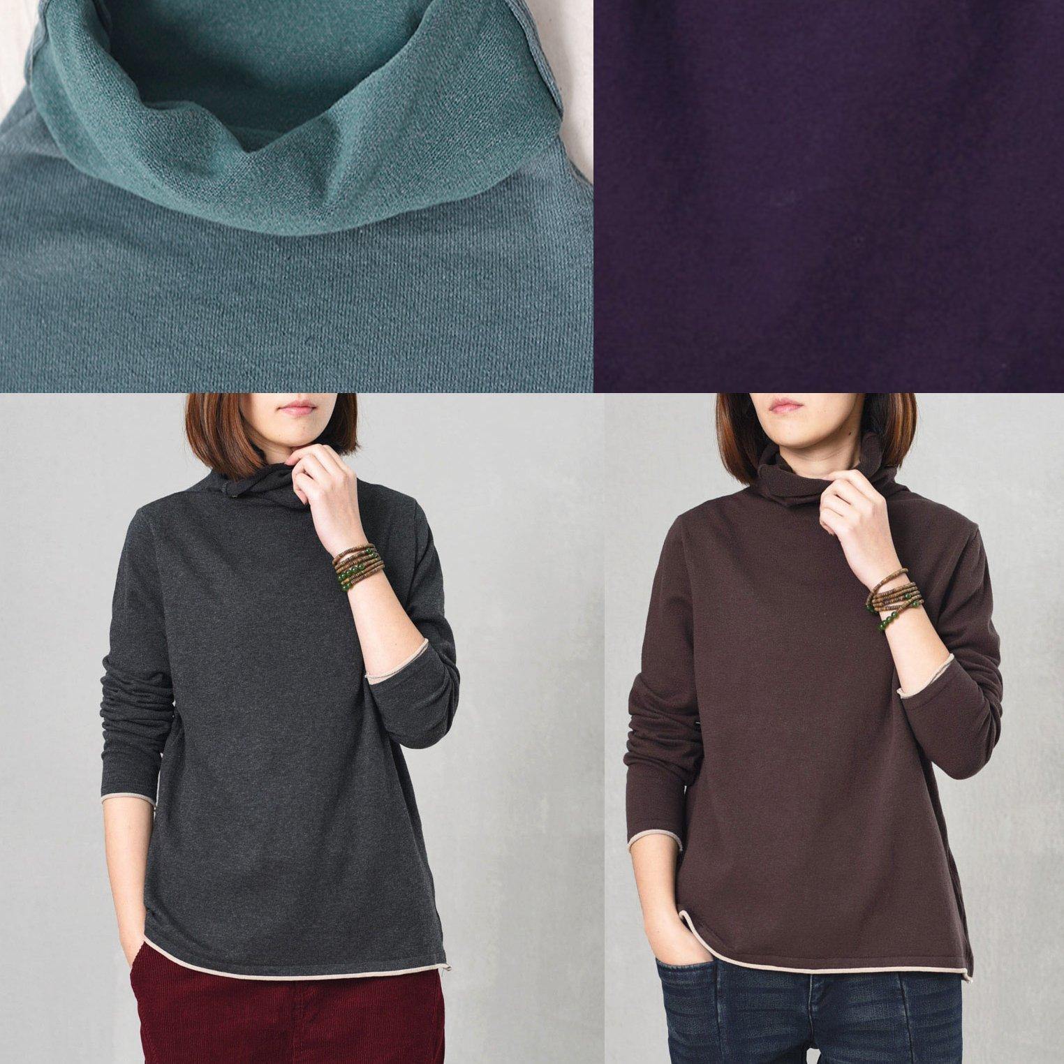 Cute long sleeve knit tops plus size high neck sweater blue - SooLinen