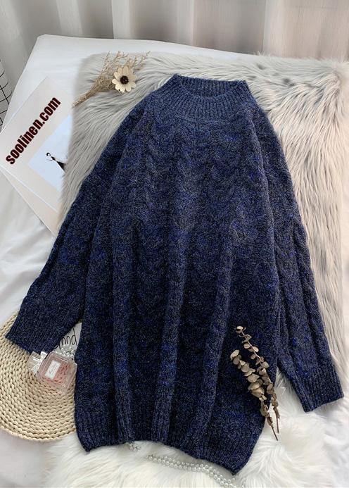 Cute navyBlouse thickplussize high neck knit tops - SooLinen