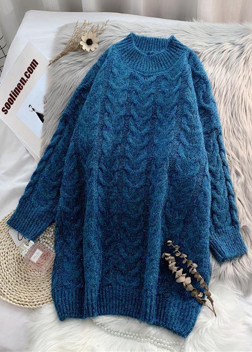 Cute navyBlouse thickplussize high neck knit tops - SooLinen