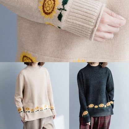 Cute nude knit top silhouette Sun flower plus size side open knitwear - SooLinen