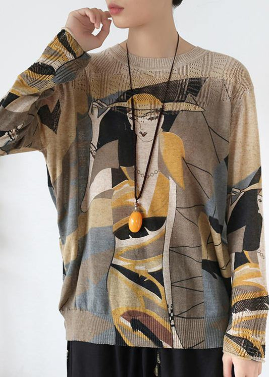 Cute o neck yellow print sweaters Loose fitting Batwing Sleeve knitted top - SooLinen