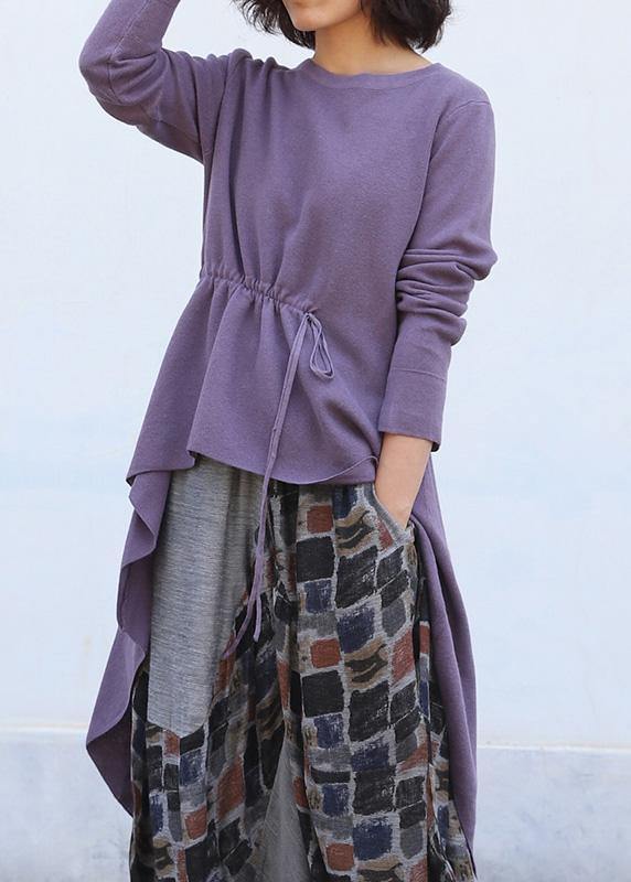 Cute purple clothes trendy plus size o neck knitted blouse drawstring asymmetric - SooLinen