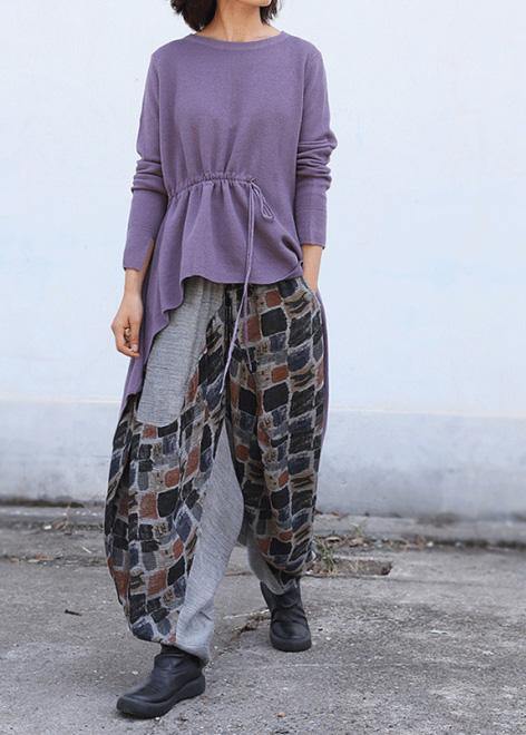 Cute purple clothes trendy plus size o neck knitted blouse drawstring asymmetric - SooLinen
