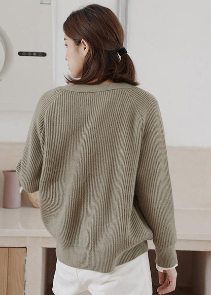 Cute thick knitted coat plus size clothing army green neck knitted jackets - SooLinen