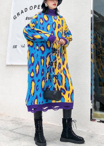 Cute yellow prints Sweater knit top pattern Beautiful winter Big patchwork sweater dresses - SooLinen