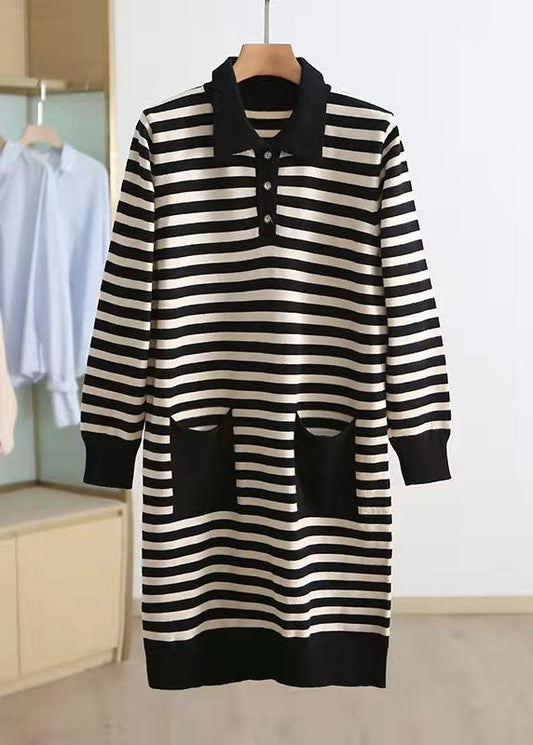 Süßes schwarz gestreiftes Pullover-Strickmuster, Upcycle-POLO-Kragen, übergroße Winterstrickmode