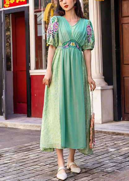 Cyan Seide Lange Kleider Cinched V-Ausschnitt Kurzarm