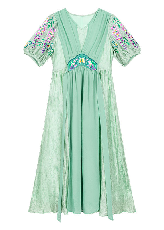 Cyan Seide Lange Kleider Cinched V-Ausschnitt Kurzarm