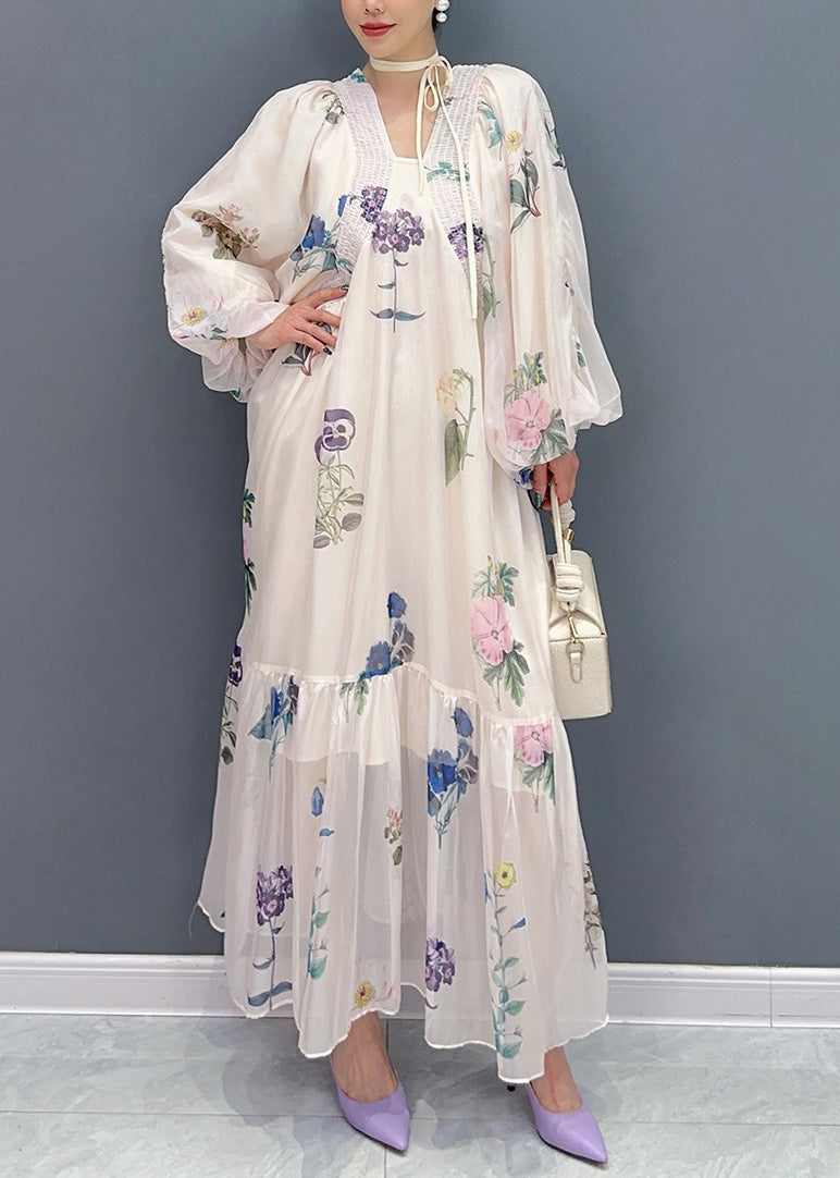 DIY Apricot Oversized Print Chiffon Holiday Dress Summer