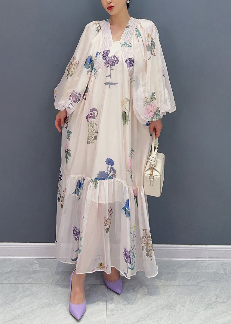 DIY Apricot Oversized Print Chiffon Holiday Dress Summer