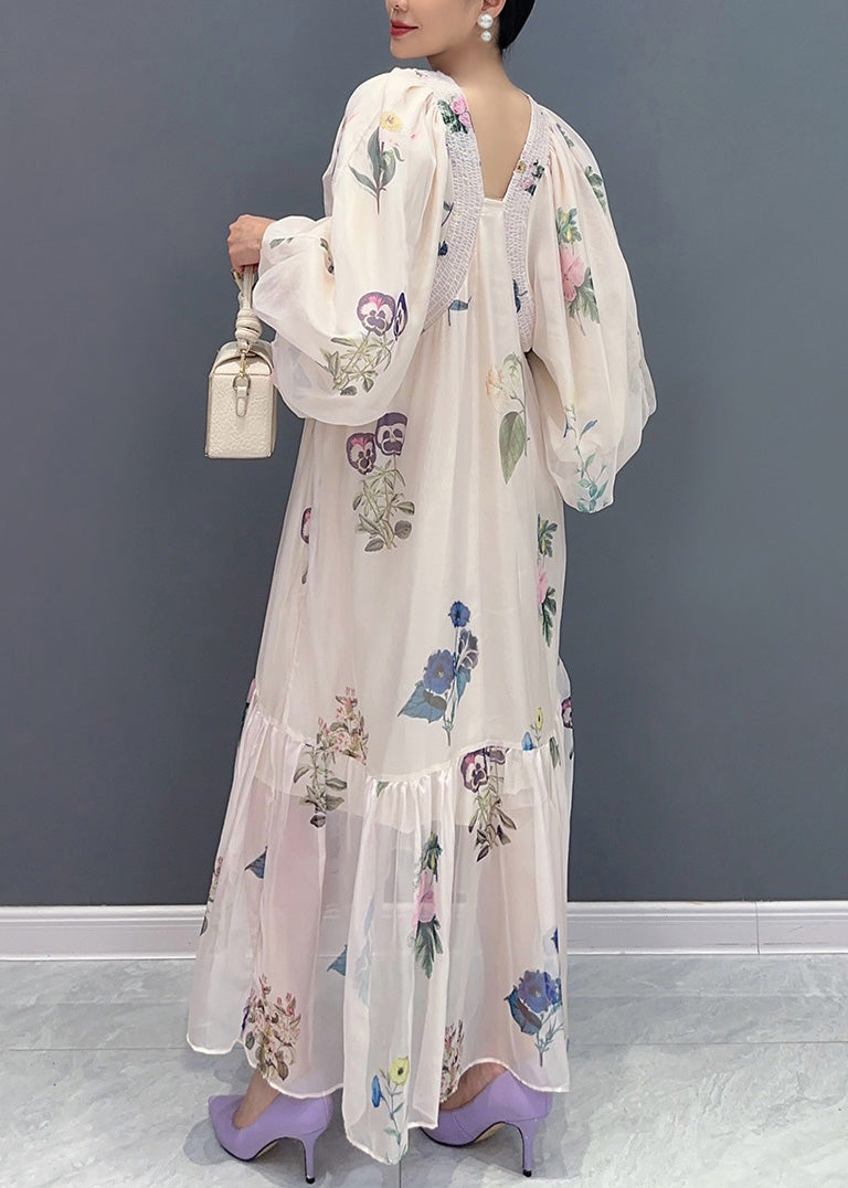 DIY Apricot Oversized Print Chiffon Holiday Dress Summer