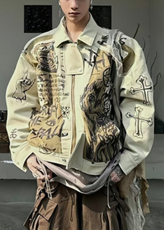 DIY Apricot Print Patchwork Cotton Men Mens Coats Fall