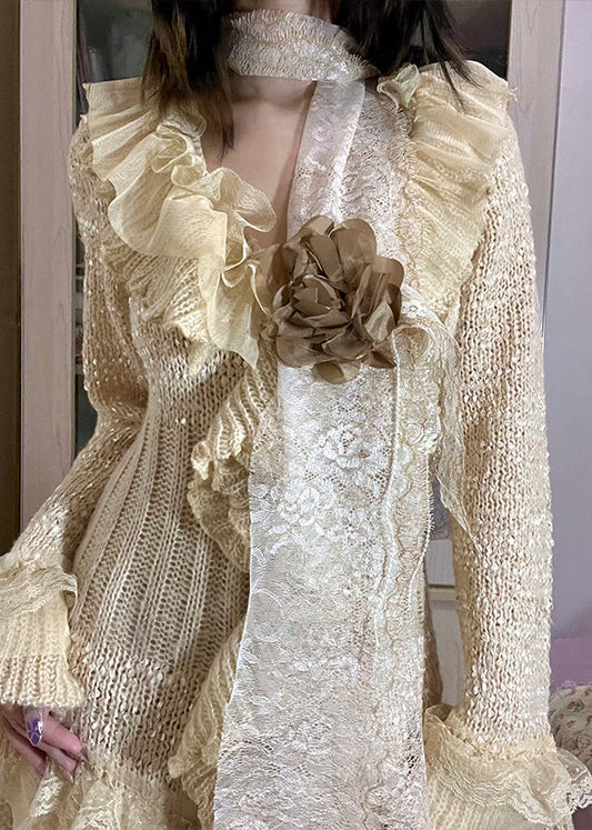 DIY Beige Asymmetrical Patchwork Flower Decorated Knit Jackets Spring