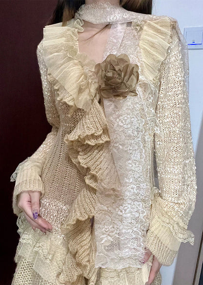 DIY Beige Asymmetrical Patchwork Flower Decorated Knit Jackets Spring