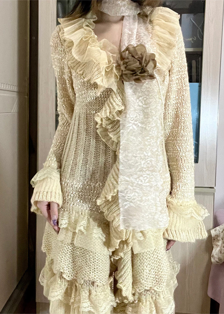 DIY Beige Asymmetrical Patchwork Flower Decorated Knit Jackets Spring