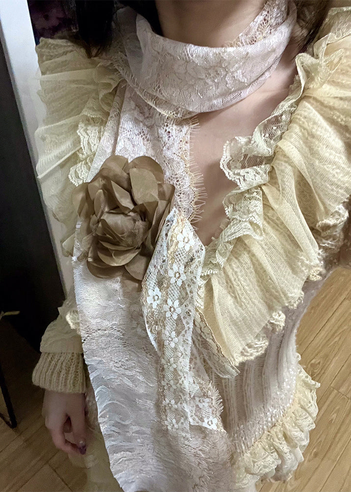 DIY Beige Asymmetrical Patchwork Flower Decorated Knit Jackets Spring