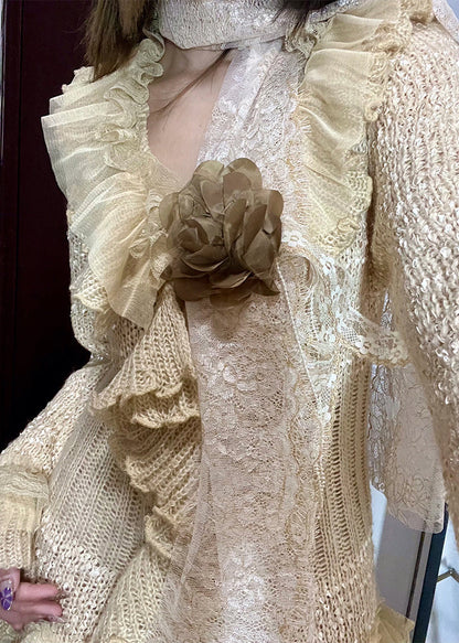 DIY Beige Asymmetrical Patchwork Flower Decorated Knit Jackets Spring