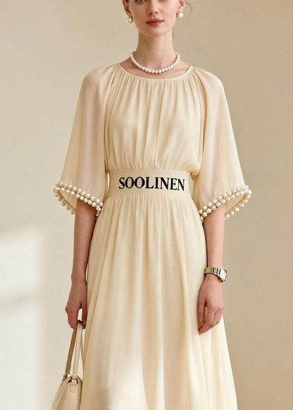 DIY Beige O-Neck Nail Bead Tunic Chiffon Maxi Dress Flare Sleeve