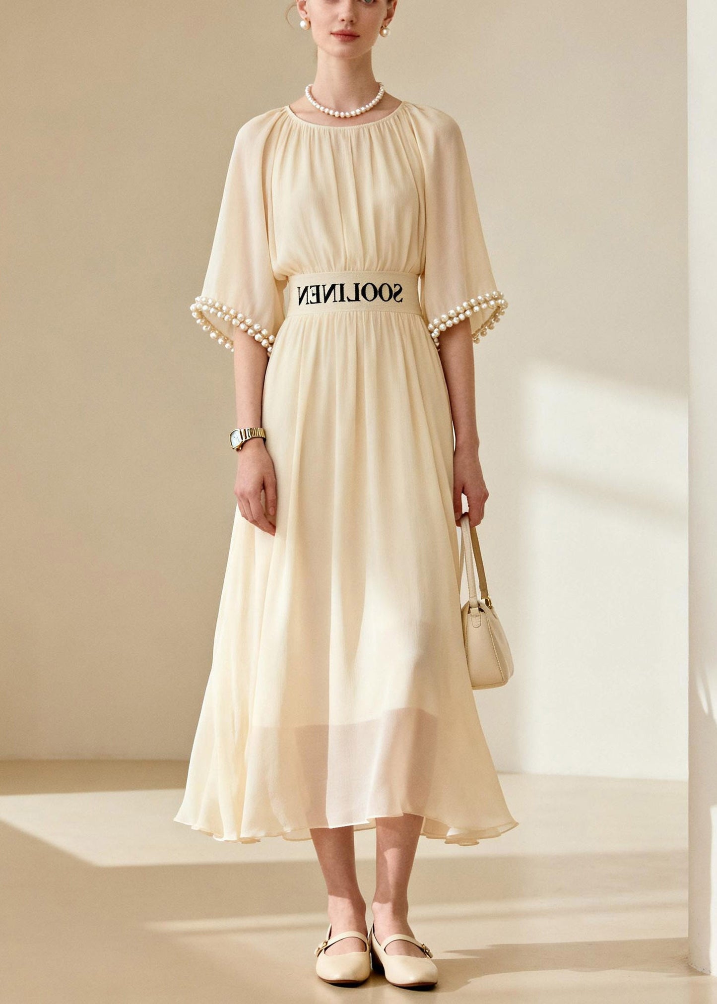 DIY Beige O-Neck Nail Bead Tunic Chiffon Maxi Dress Flare Sleeve